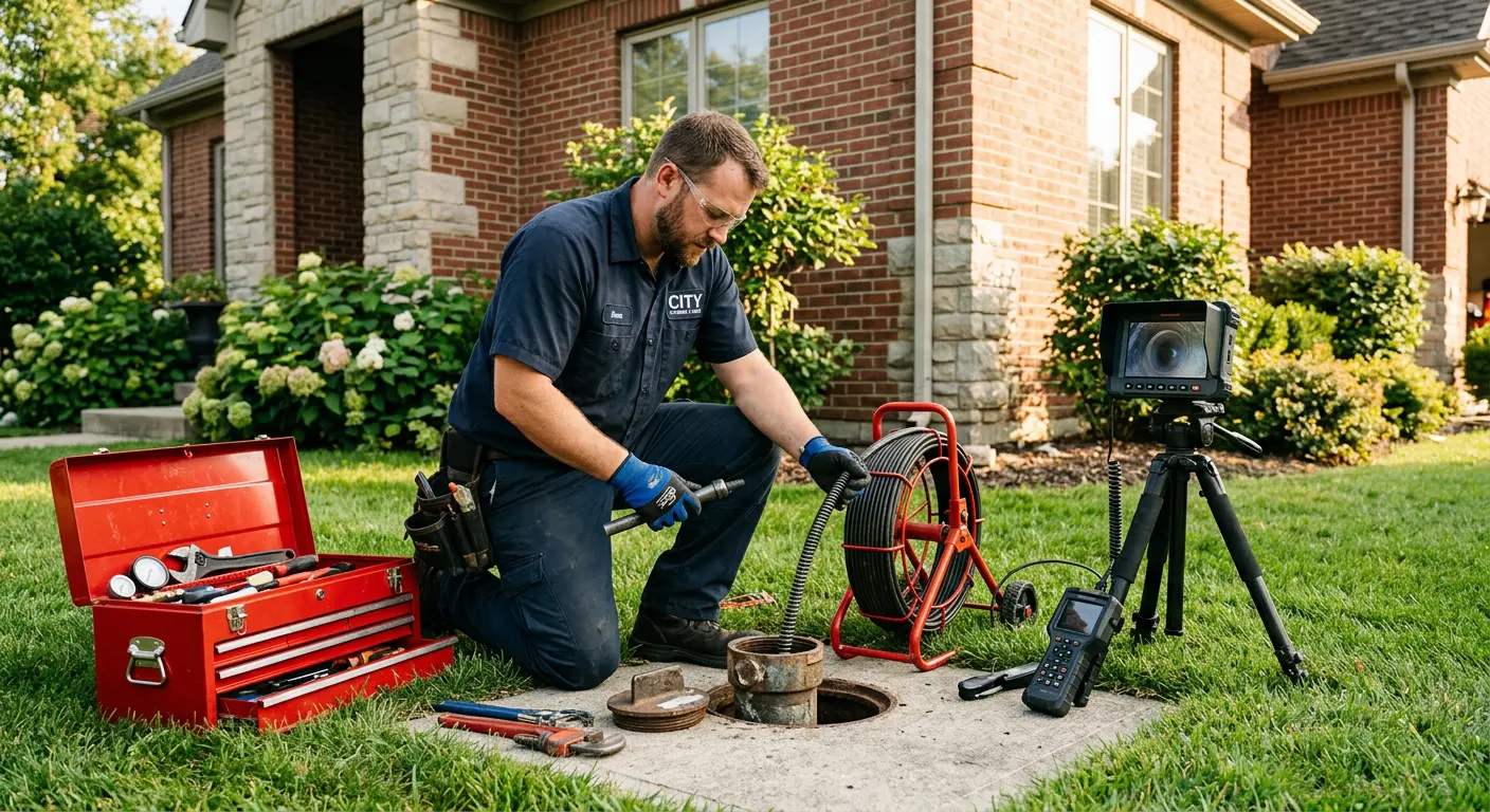 Sewer specialist with camera equipment servicing a cleanout in Randolph