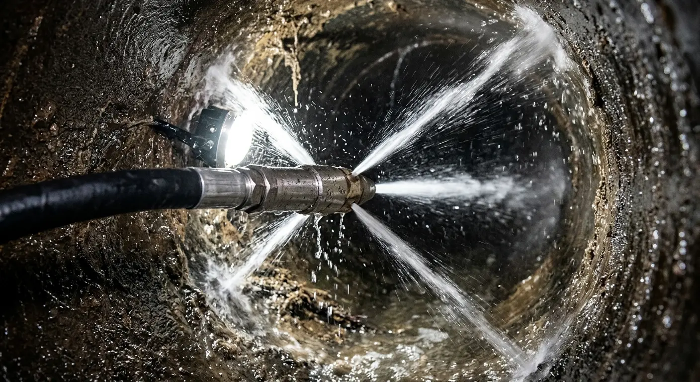 High-pressure hydro jetting nozzle cleaning sewer pipe for Sewer Cleanout in Randolph