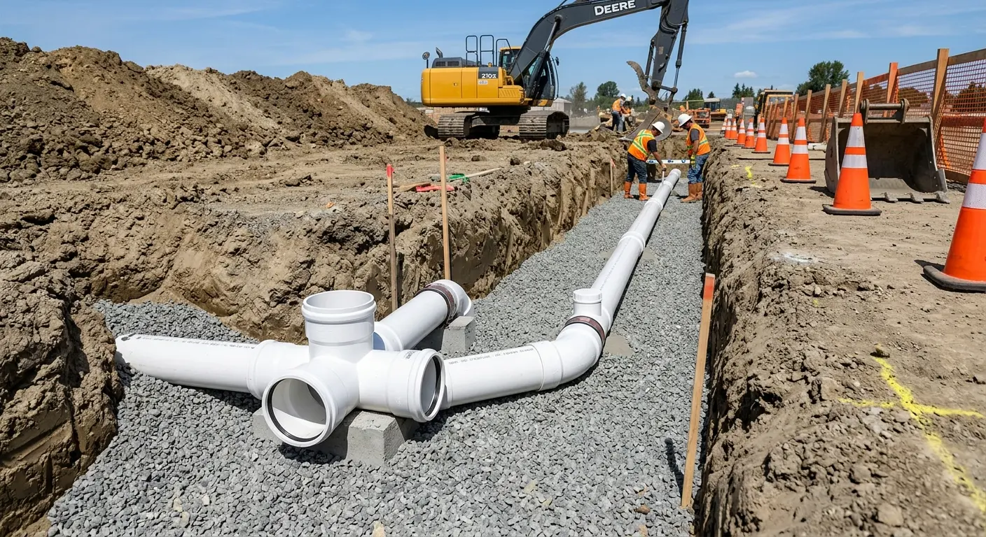 New PVC sewer pipe installation in open trench for Sewer Backup in Randolph